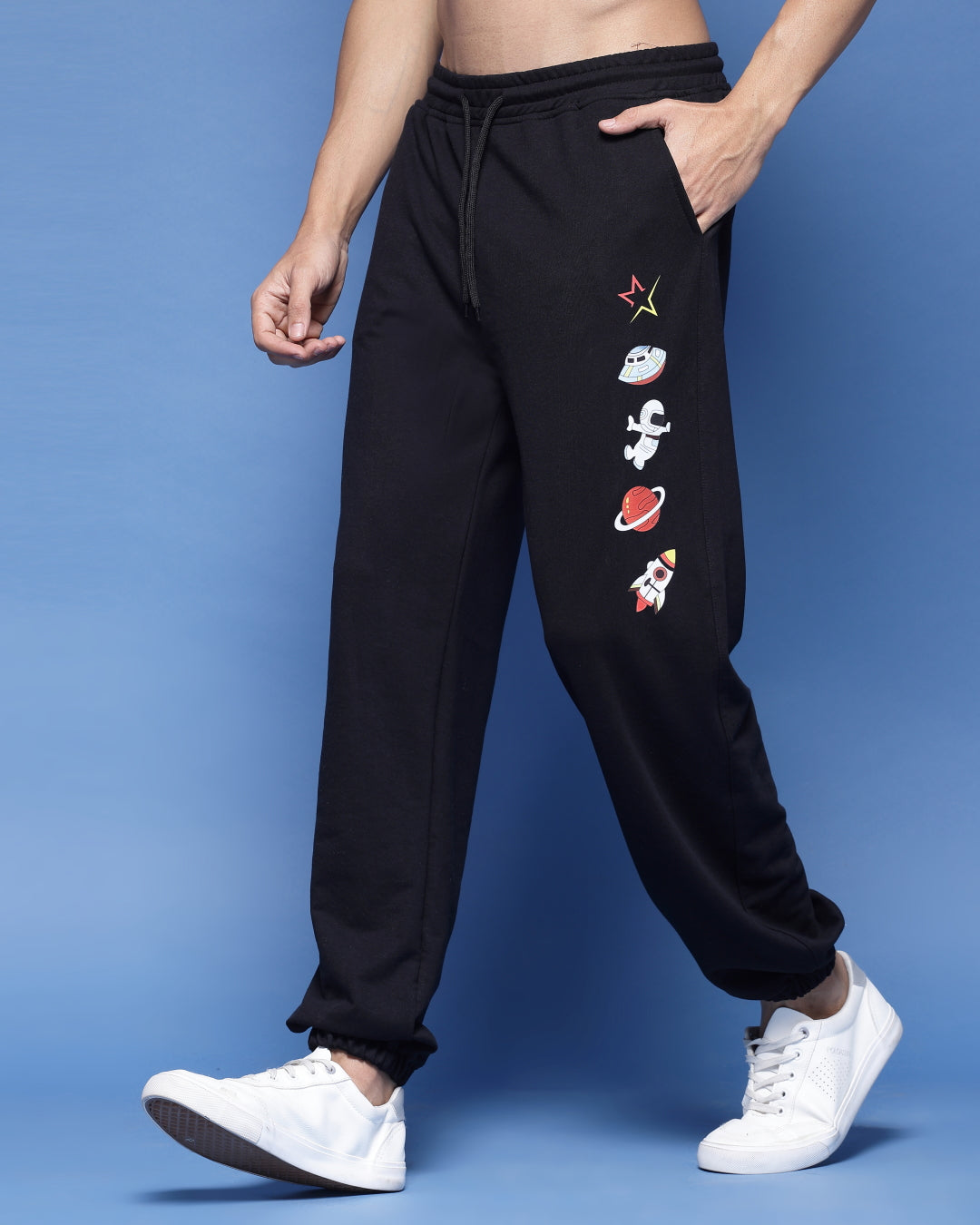 Black Rocket & Star Printed French Terry Loose Fit Men's Joggers Pant