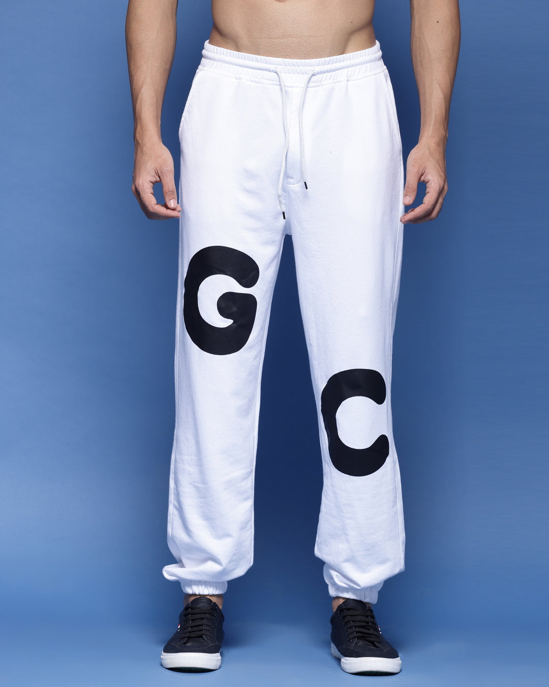 White Typography Printed French Terry Loose Fit Men's Joggers