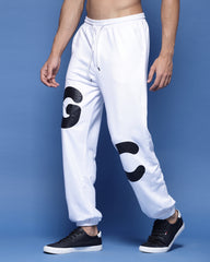 White Typography Printed French Terry Loose Fit Men's Joggers