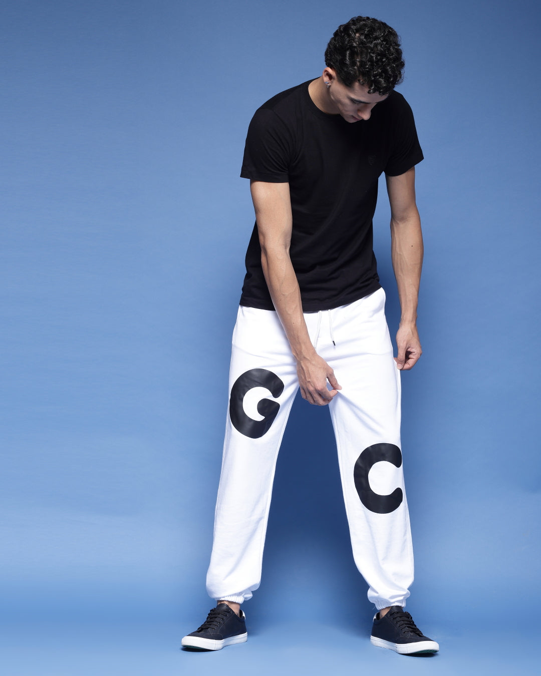 White Typography Printed French Terry Loose Fit Men's Joggers