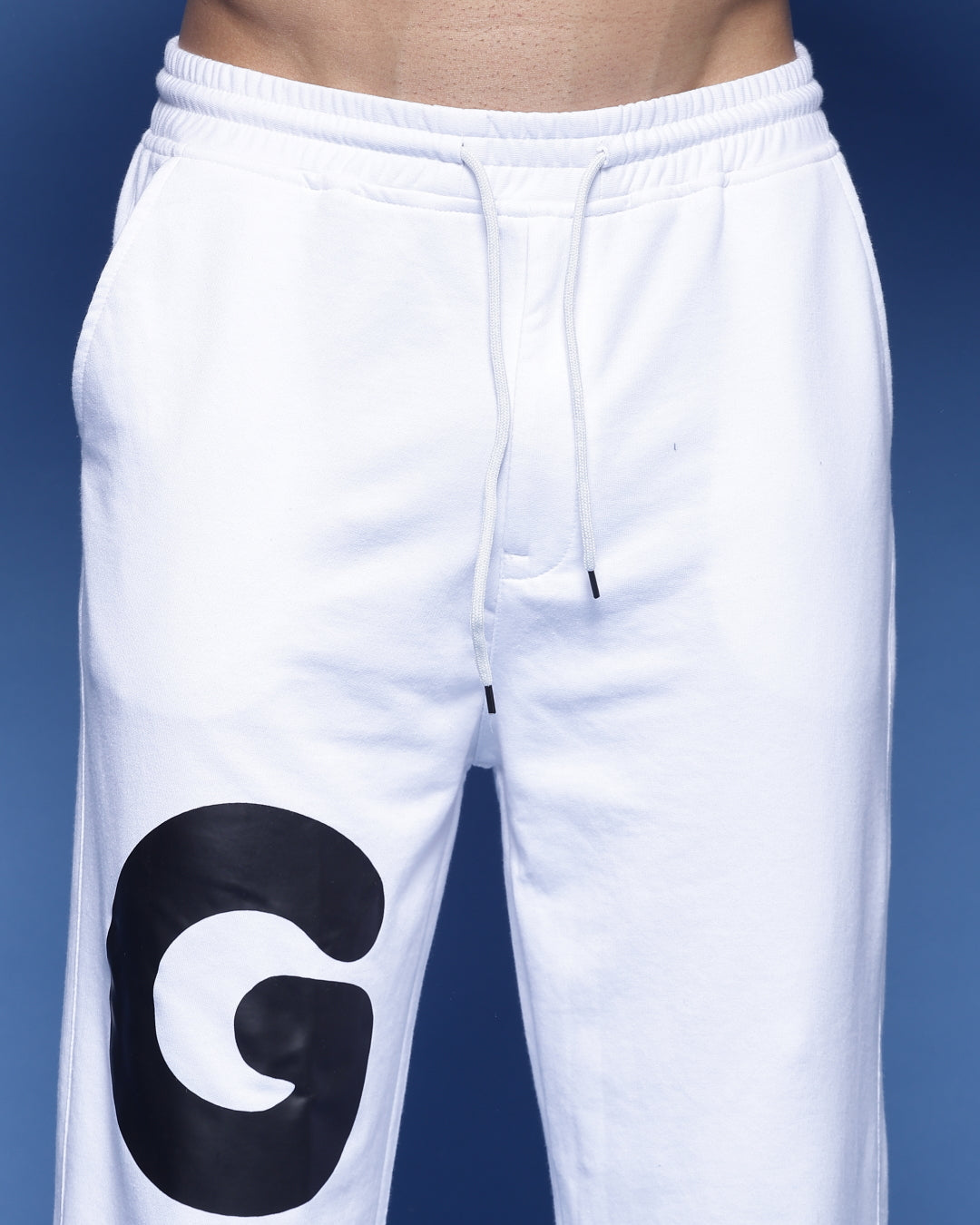 White Typography Printed French Terry Loose Fit Men s Joggers