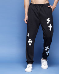 Printed Black French Terry Relaxed Men's Fit Jogger