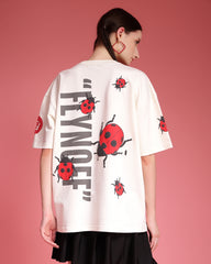 Ladybugs Off White Puff & Screen Printed Supper Loose Fit Unisex T-Shirt