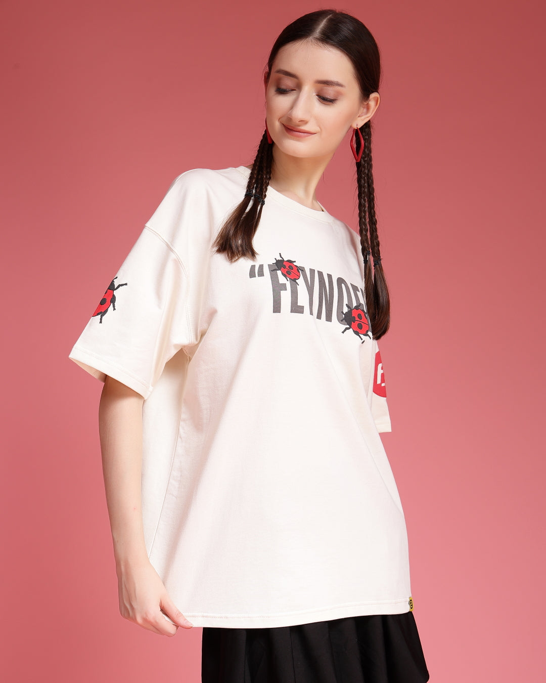 Ladybugs Off White Puff & Screen Printed Supper Loose Fit Unisex T-Shirt