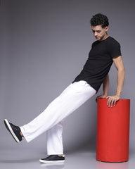 White Solid Korean French Terry Loose Fit Men's Track Pant