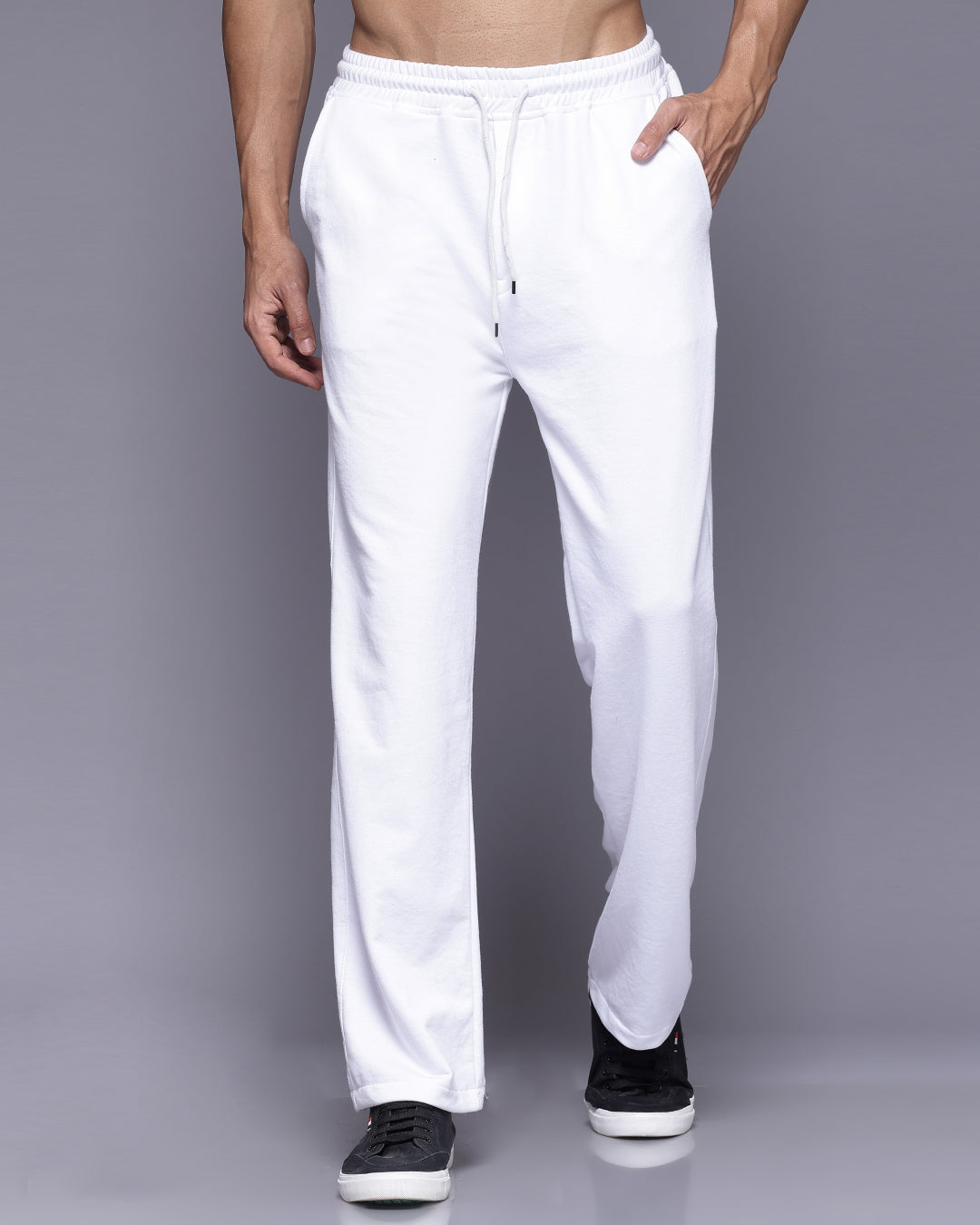 White Solid Korean French Terry Loose Fit Men's Track Pant