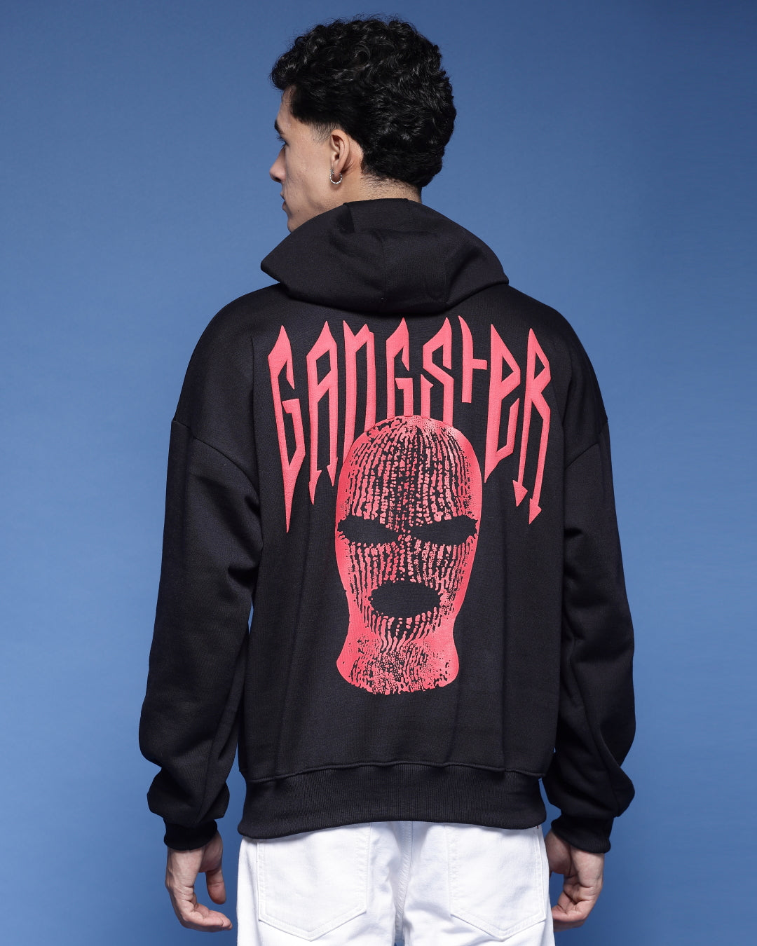 Gangster Black Puff Printed Relaxed Fit Hoodie