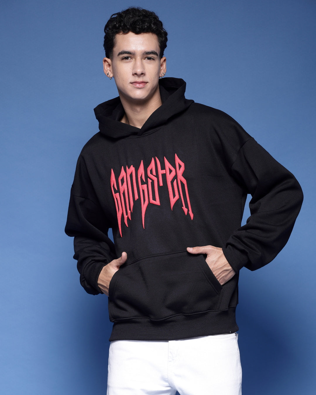 Gangster Black Puff Printed Relaxed Fit Hoodie