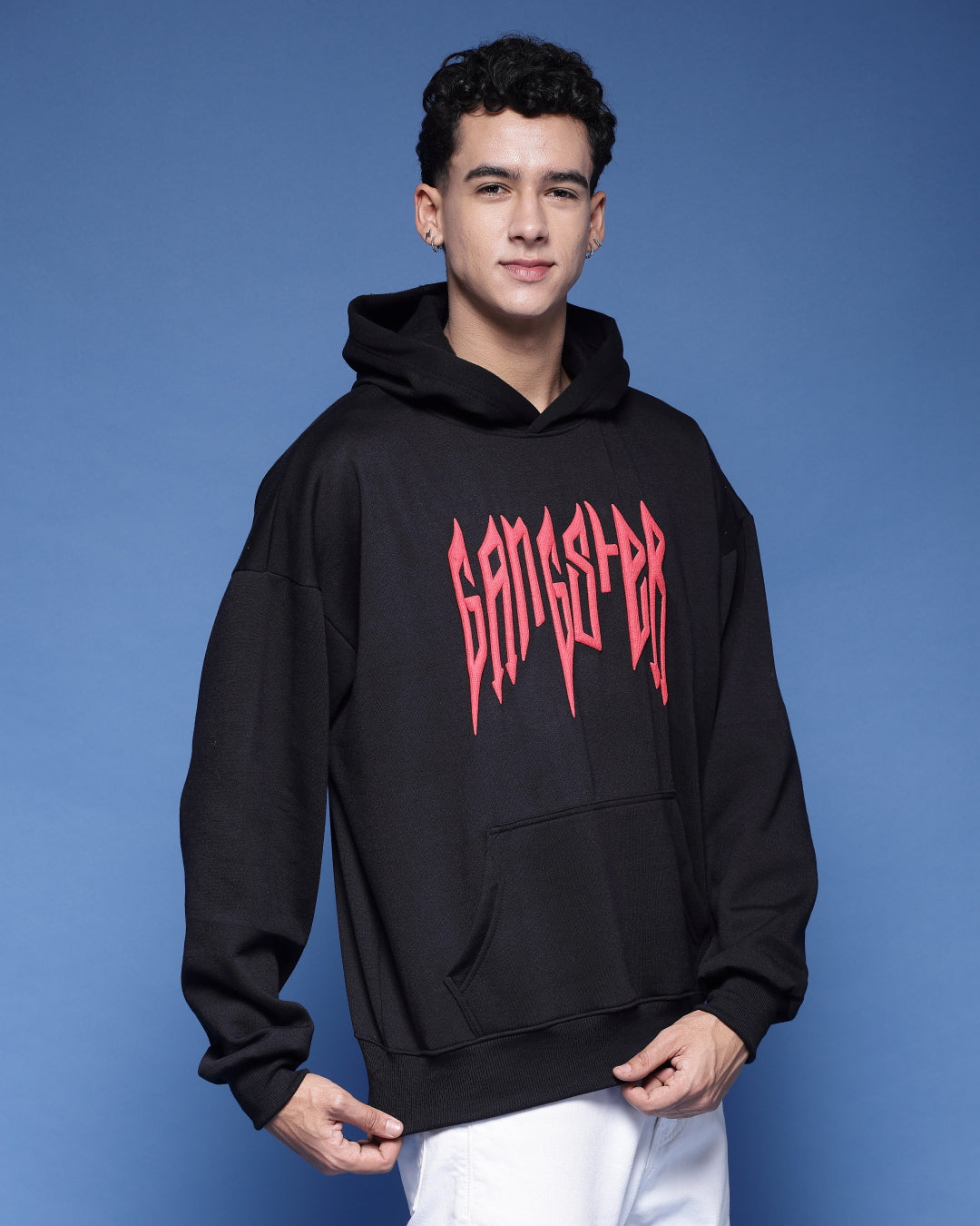 Gangster Black Puff Printed Relaxed Fit Hoodie