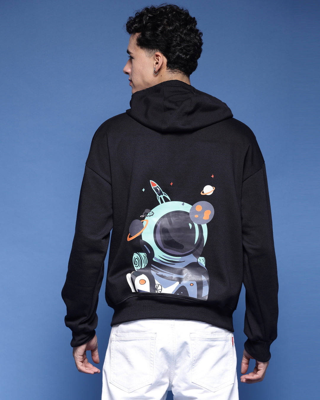 Flynoff NASA Black Printed Relaxed Fit Hoodie Men's