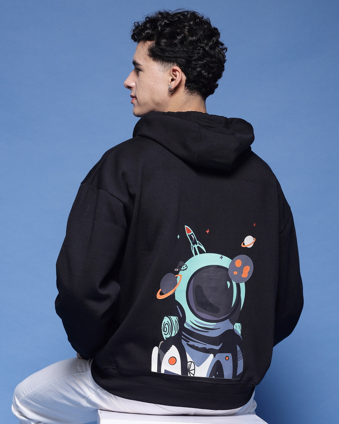 Flynoff NASA Black Printed Relaxed Fit Hoodie Men's