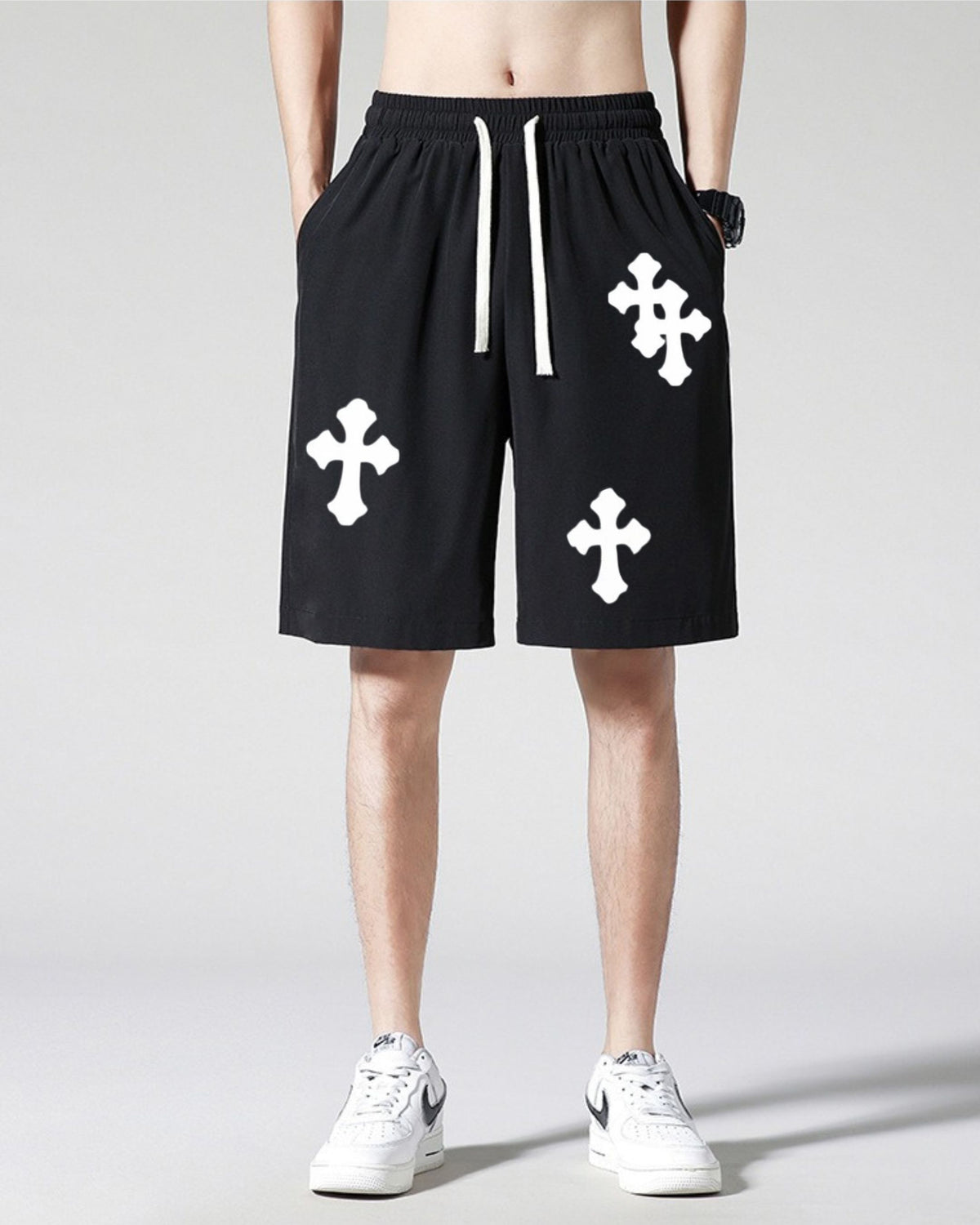 Cross Printed Black Loose Fit Men's Shorts