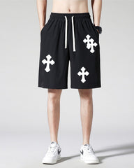 Cross Printed Black Loose Fit Men's Shorts